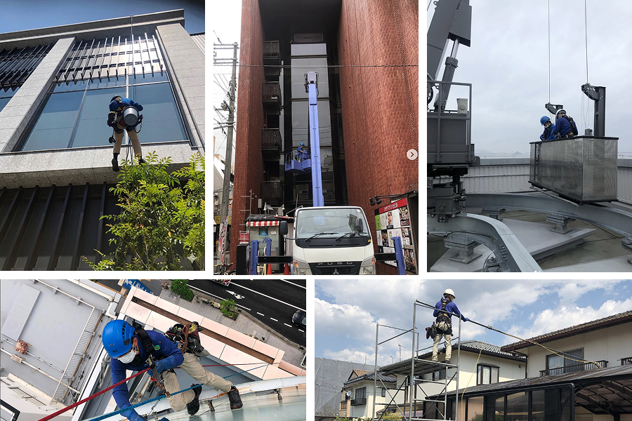 ロープや高所作業車などを使った様々な窓ガラス清掃の現場